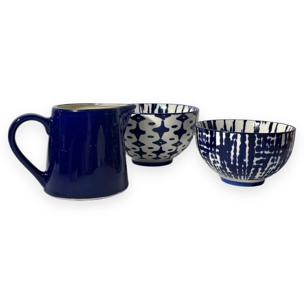 West Elm Indigo‎ Blue Tie-dye Ceramic Nesting Bowls and Colbalt Blue Pitcher